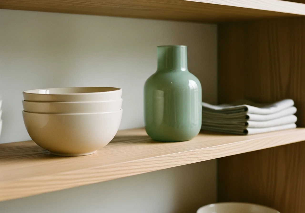 Mossbrook shelf detail: sage glass vase and stacked bowls on oak