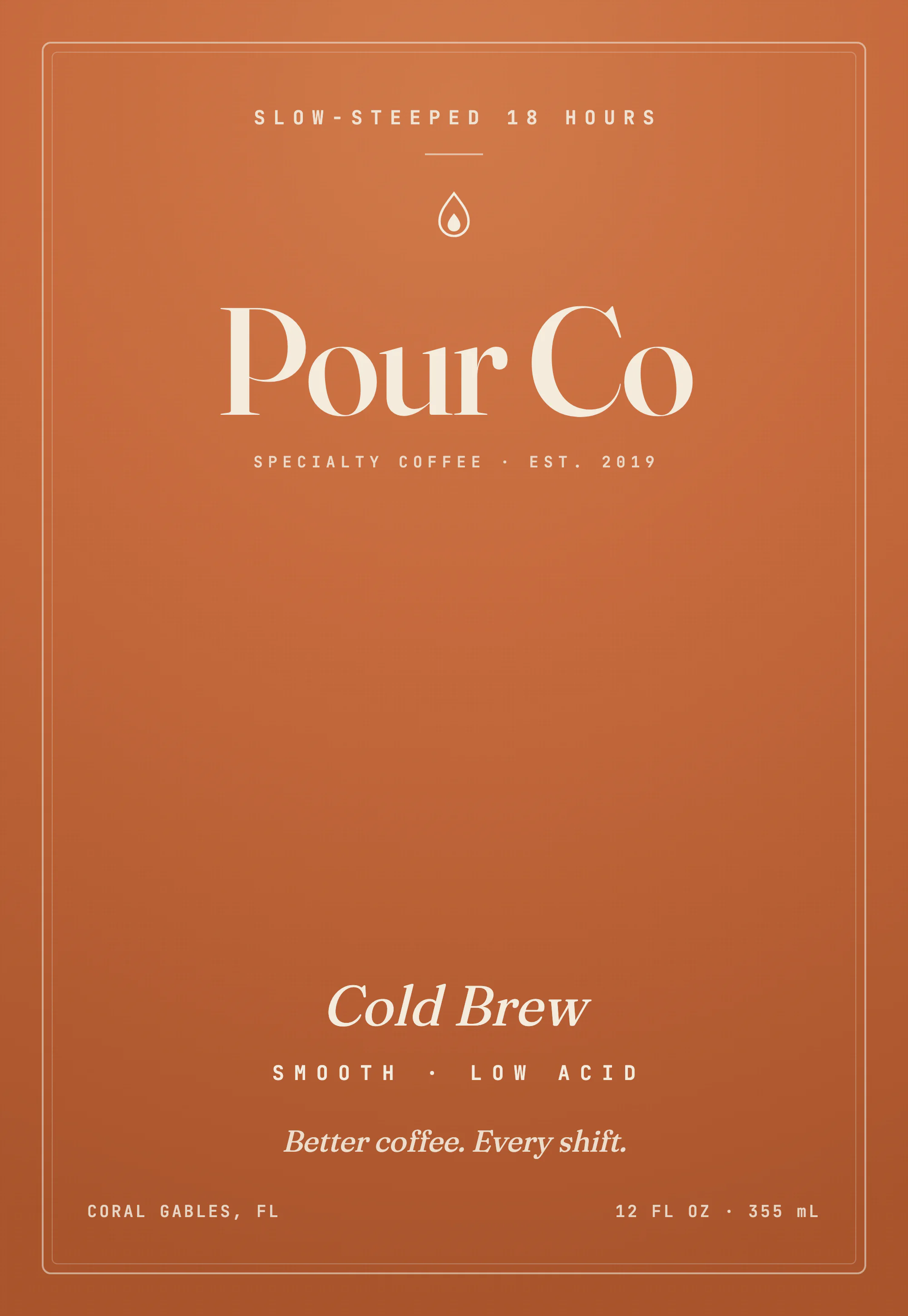 The email header: Pour Co cold brew label in terracotta and cream
