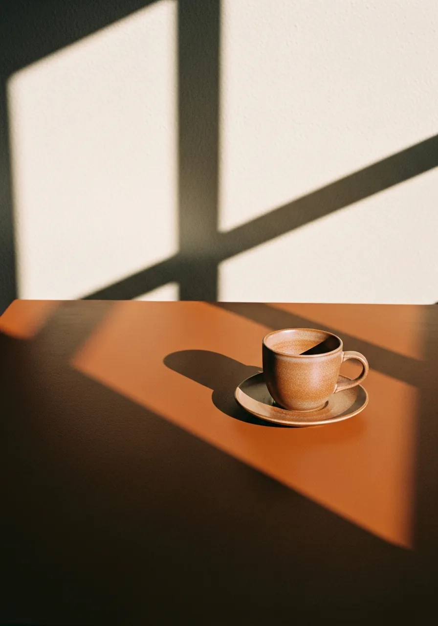Cup and its shadow across the table
