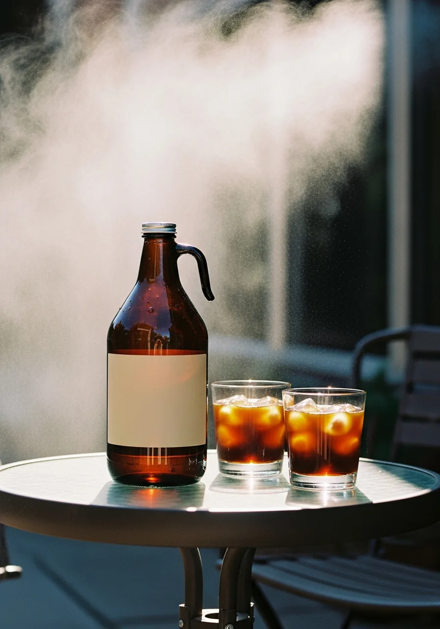 Story crop: growler and two glasses on a patio table in morning shade