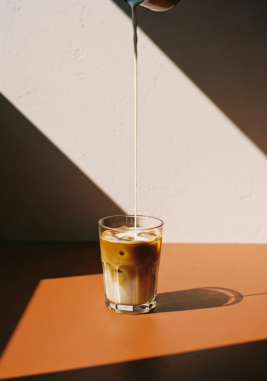 Milk pouring into iced coffee