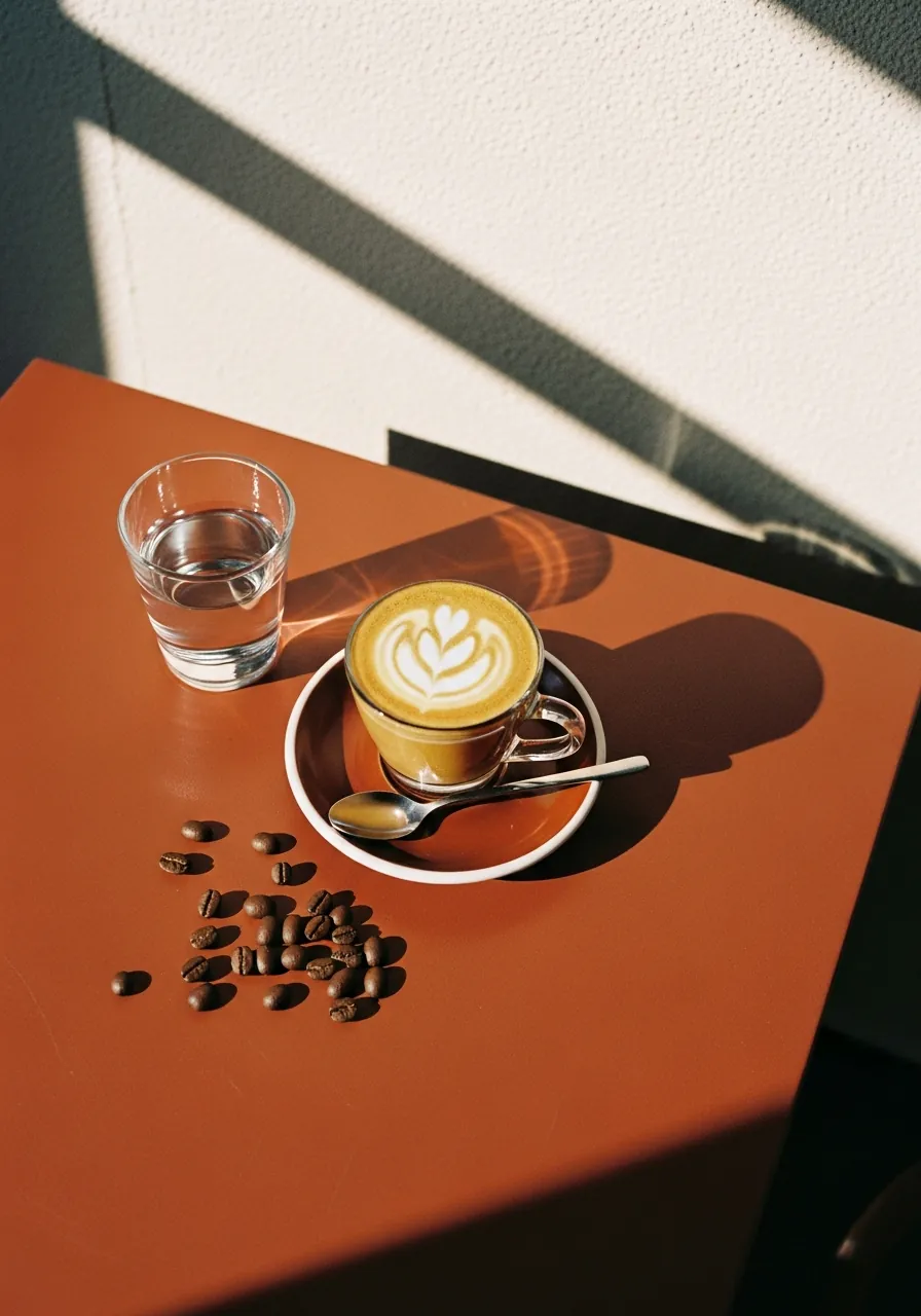 Cortado and beans, overhead