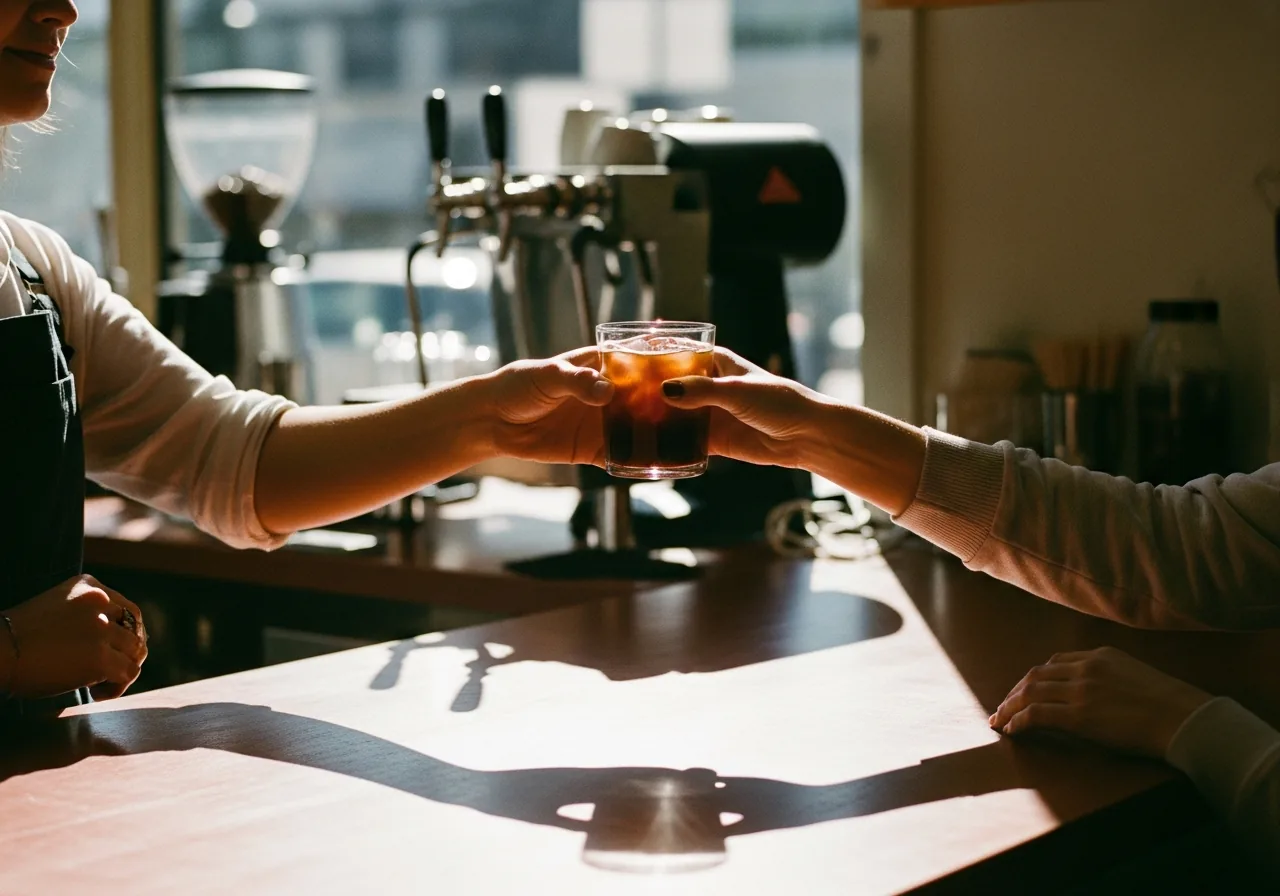 Cold brew handed across the counter