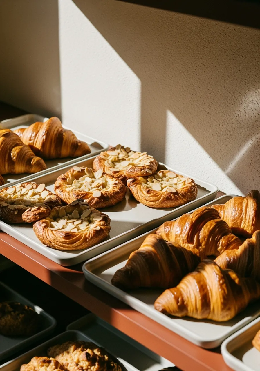 Pastry case in morning light