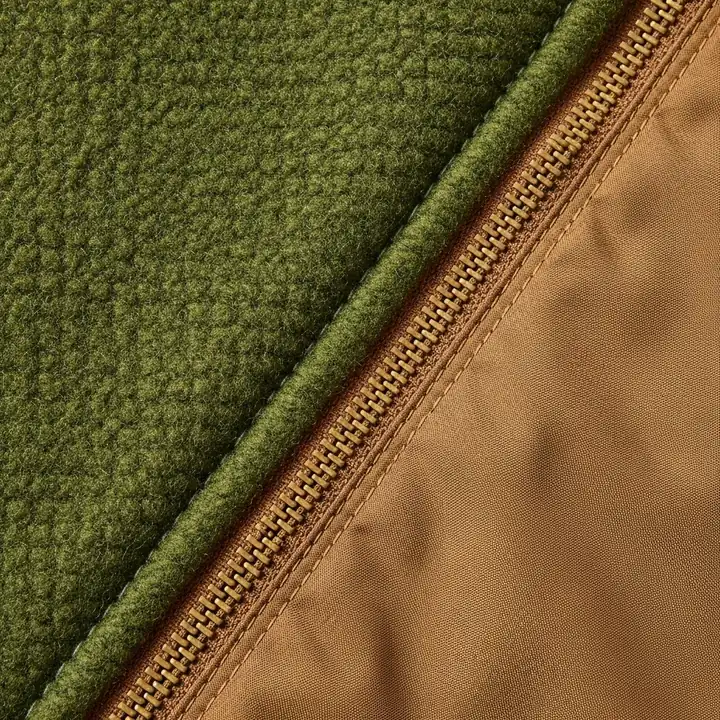 Brushed wool and ripstop weave at macro range, brass zipper edge