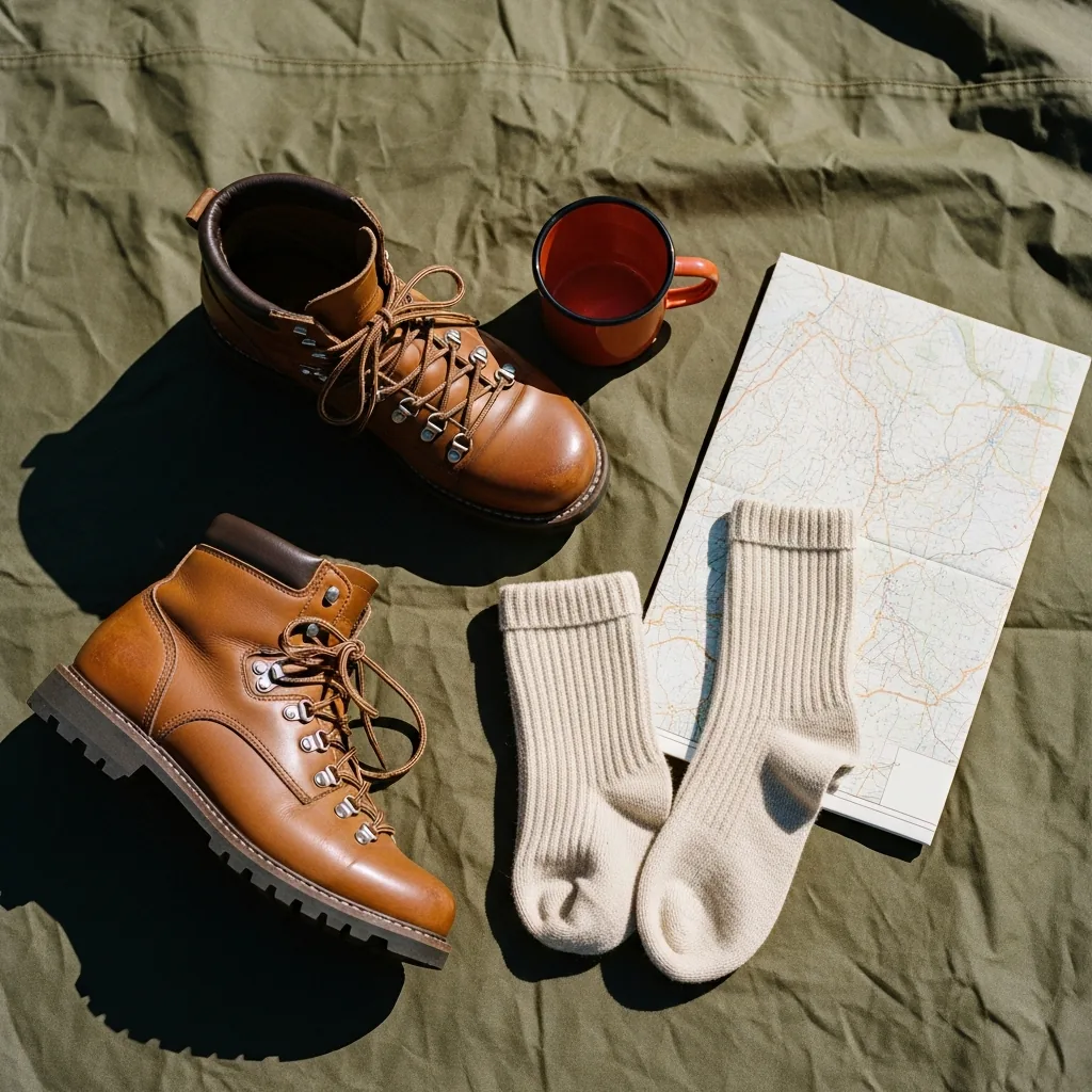 Boots, wool socks, an enamel mug, and a topo map laid out on a canvas tarp