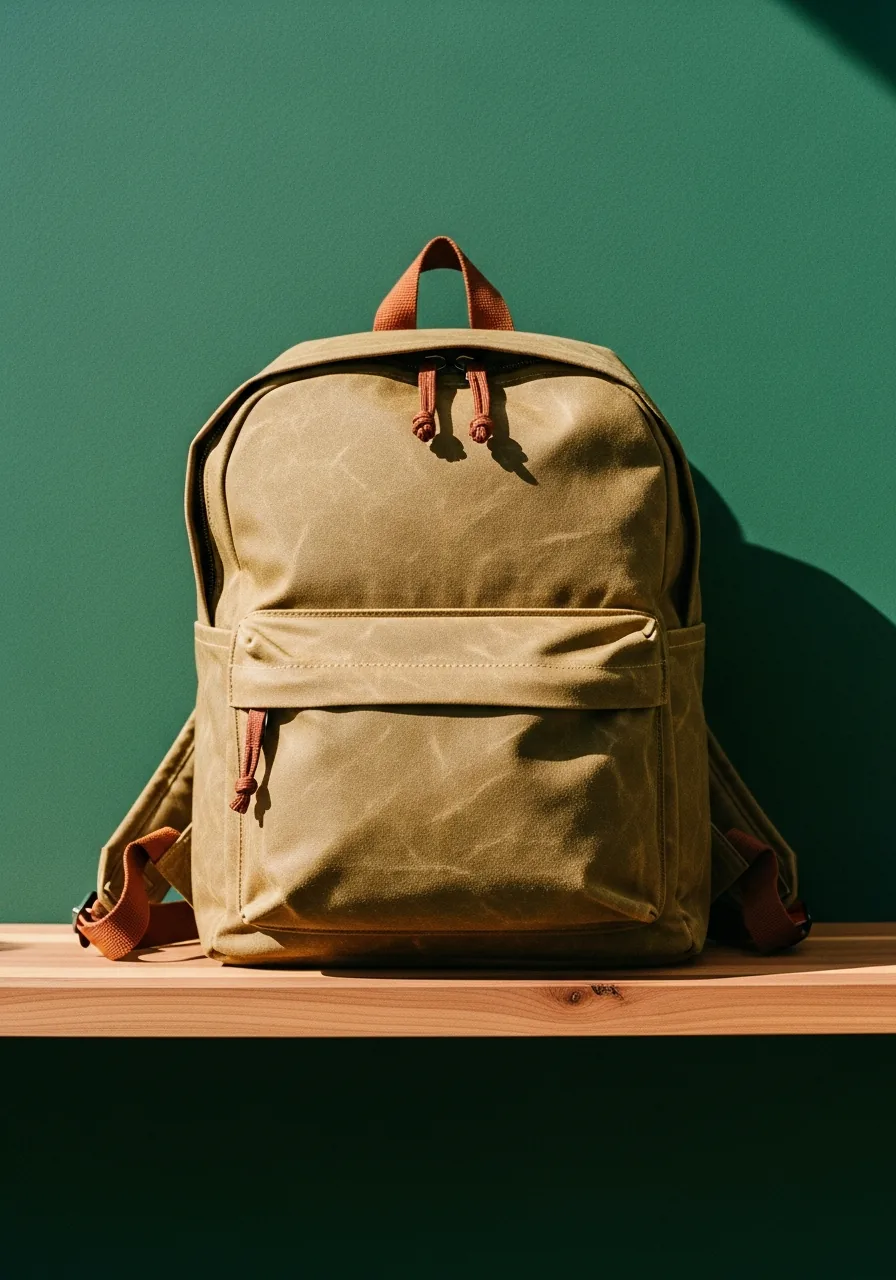 Waxed canvas daypack on a cedar shelf in hard morning side light