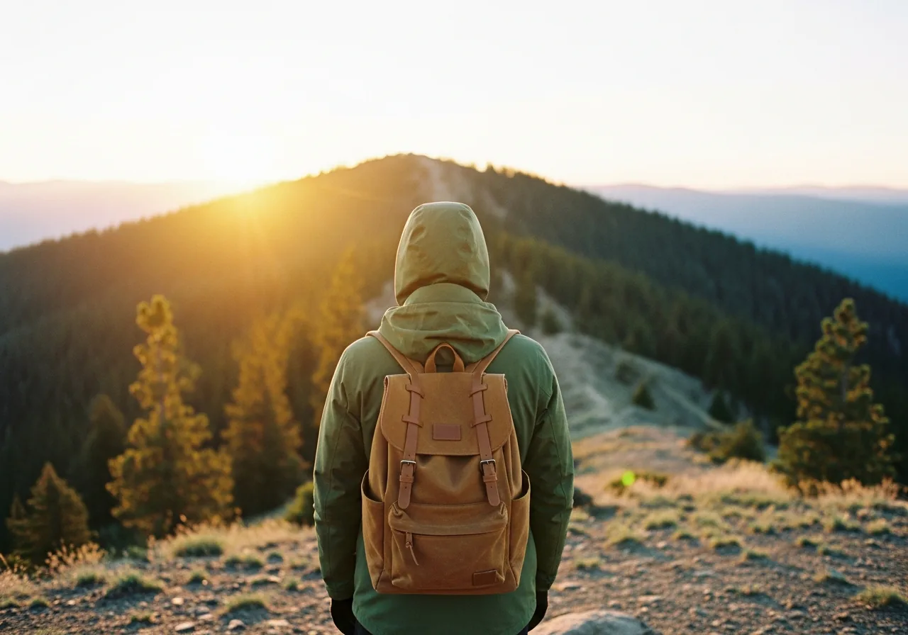 A figure with a pack at a golden-hour ridge, back to camera